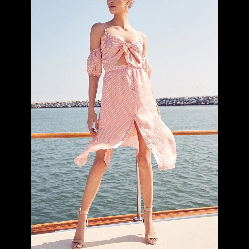 TULAROSA CORAL PINK ARLENE POLKA DOT OFF THE SHOULDER MIDI DRESS WITH TIE FRONT